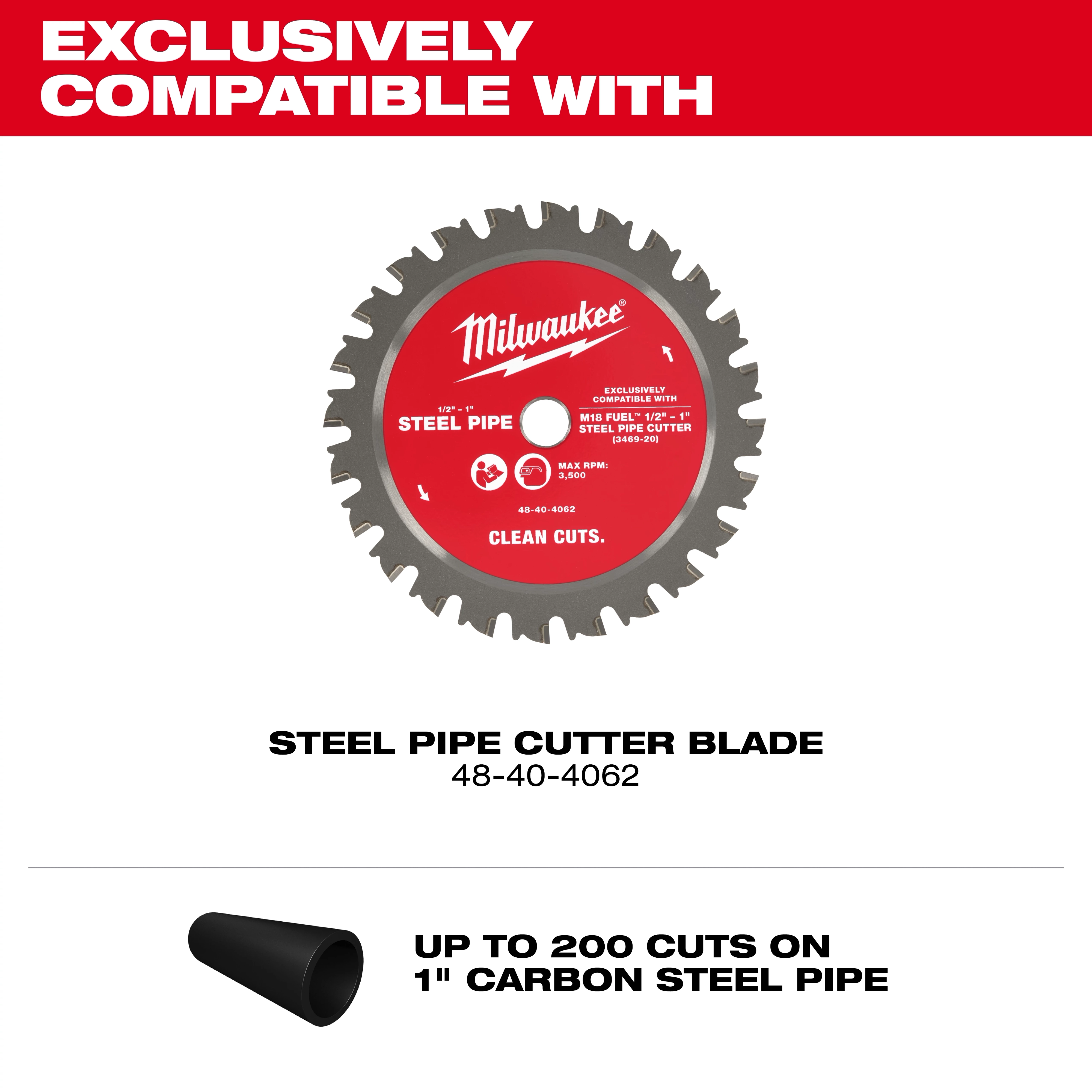 The image shows a Milwaukee Steel Pipe Cutter Blade, model 48-40-4062, compatible with 1 inch carbon steel pipes. The blade is capable of making up to 200 cuts. It has a red center with Milwaukee branding and product information written in white.