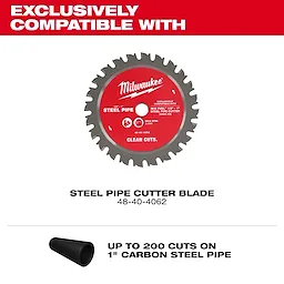 The image shows a Milwaukee Steel Pipe Cutter Blade, model 48-40-4062, compatible with 1 inch carbon steel pipes. The blade is capable of making up to 200 cuts. It has a red center with Milwaukee branding and product information written in white.