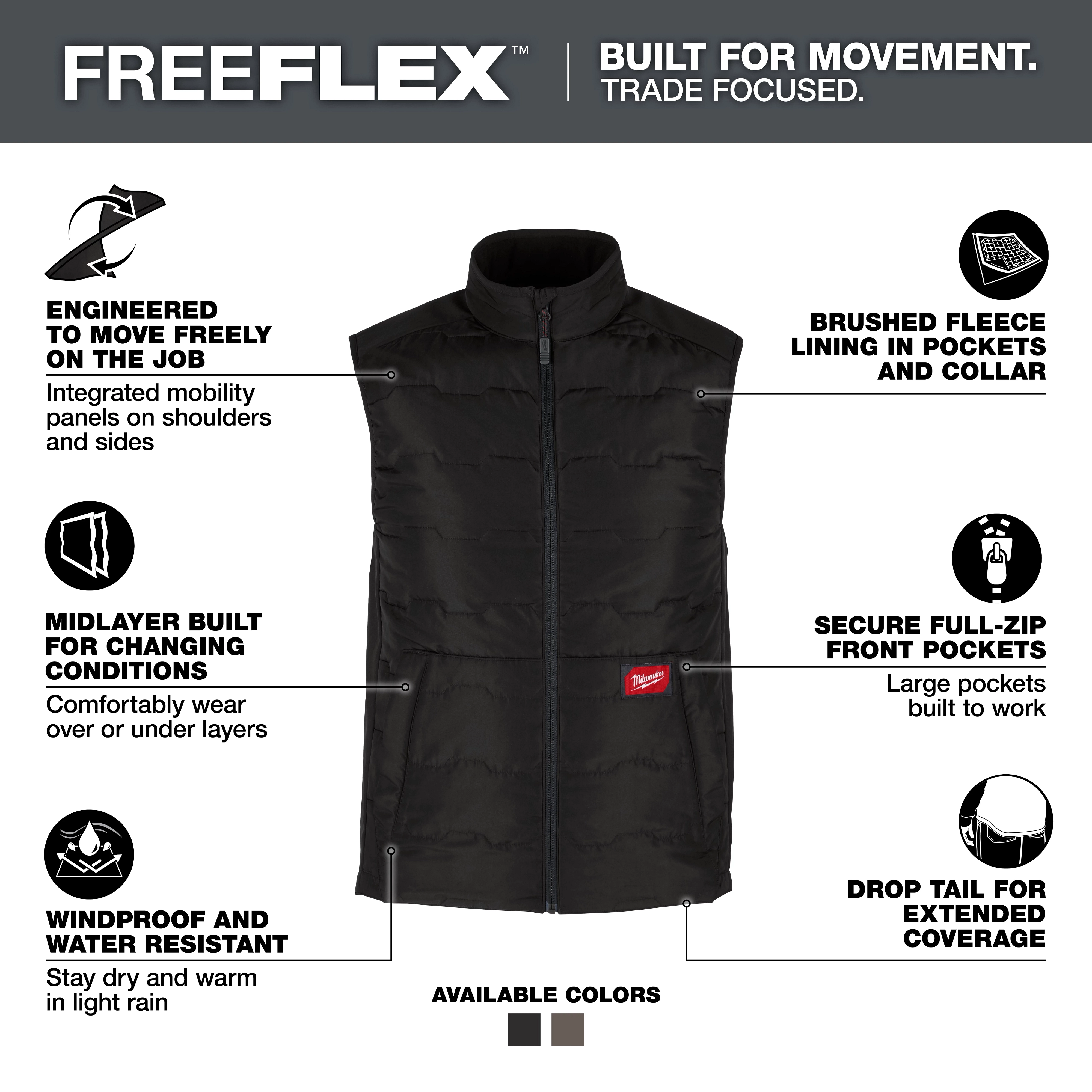 FreeFlex vest is windproof, water-resistant, and features a brushed fleece lining, secure full-zip front pockets, and a drop tail for extended coverage. Designed for mobility with integrated panels, it can be worn over or under layers. Available in black and grey.