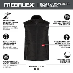 FreeFlex vest is windproof, water-resistant, and features a brushed fleece lining, secure full-zip front pockets, and a drop tail for extended coverage. Designed for mobility with integrated panels, it can be worn over or under layers. Available in black and grey.