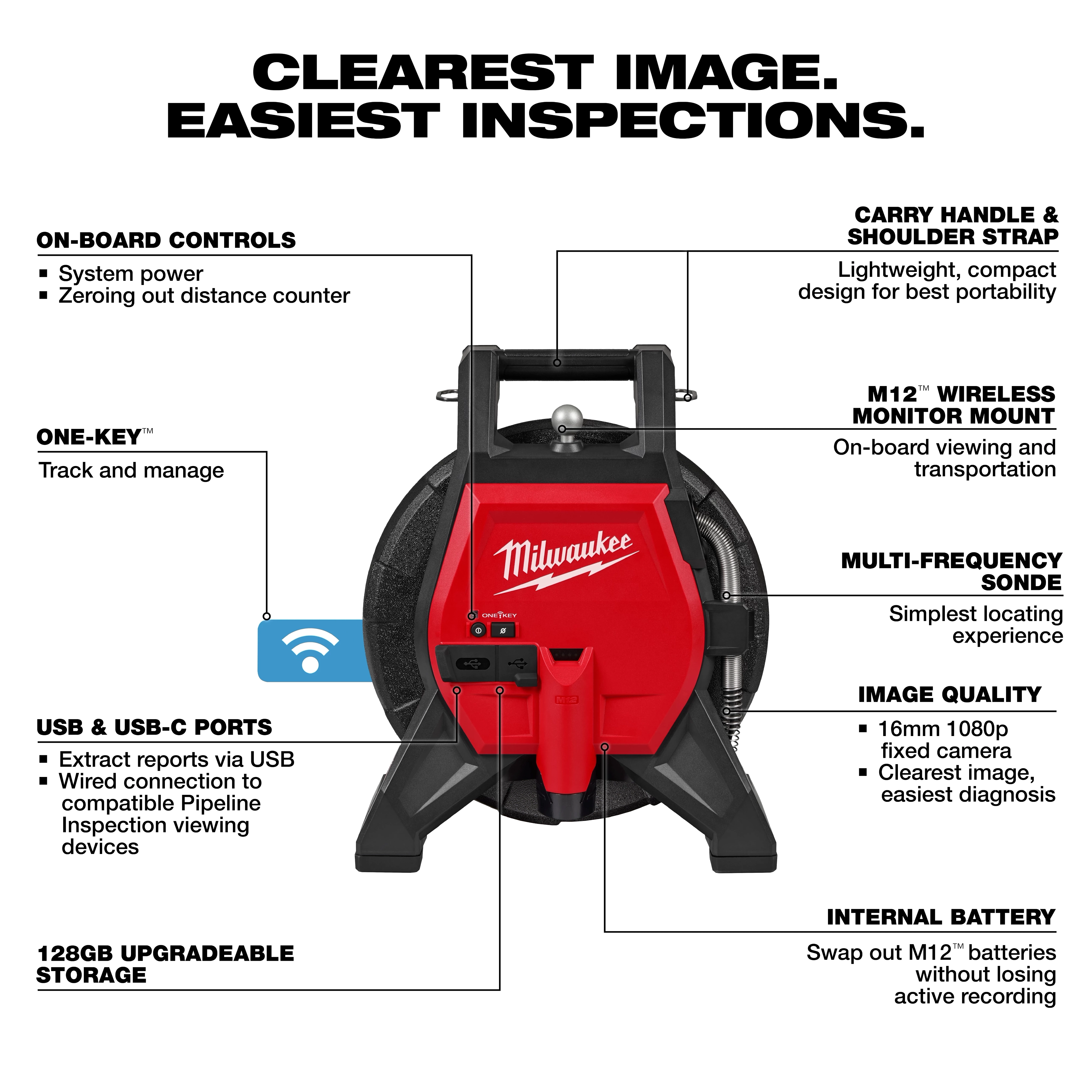 Image of the M12™ 65’ Ultra Flex Compact Inspection Camera Kit. It features on-board controls, carry handle, shoulder strap, ONE-KEY™ tracking, USB and USB-C ports, 128GB upgradeable storage, M12™ wireless monitor mount, multi-frequency sonde, high image quality, and an internal battery.