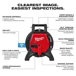 Image of the M12™ 65’ Ultra Flex Compact Inspection Camera Kit. It features on-board controls, carry handle, shoulder strap, ONE-KEY™ tracking, USB and USB-C ports, 128GB upgradeable storage, M12™ wireless monitor mount, multi-frequency sonde, high image quality, and an internal battery.