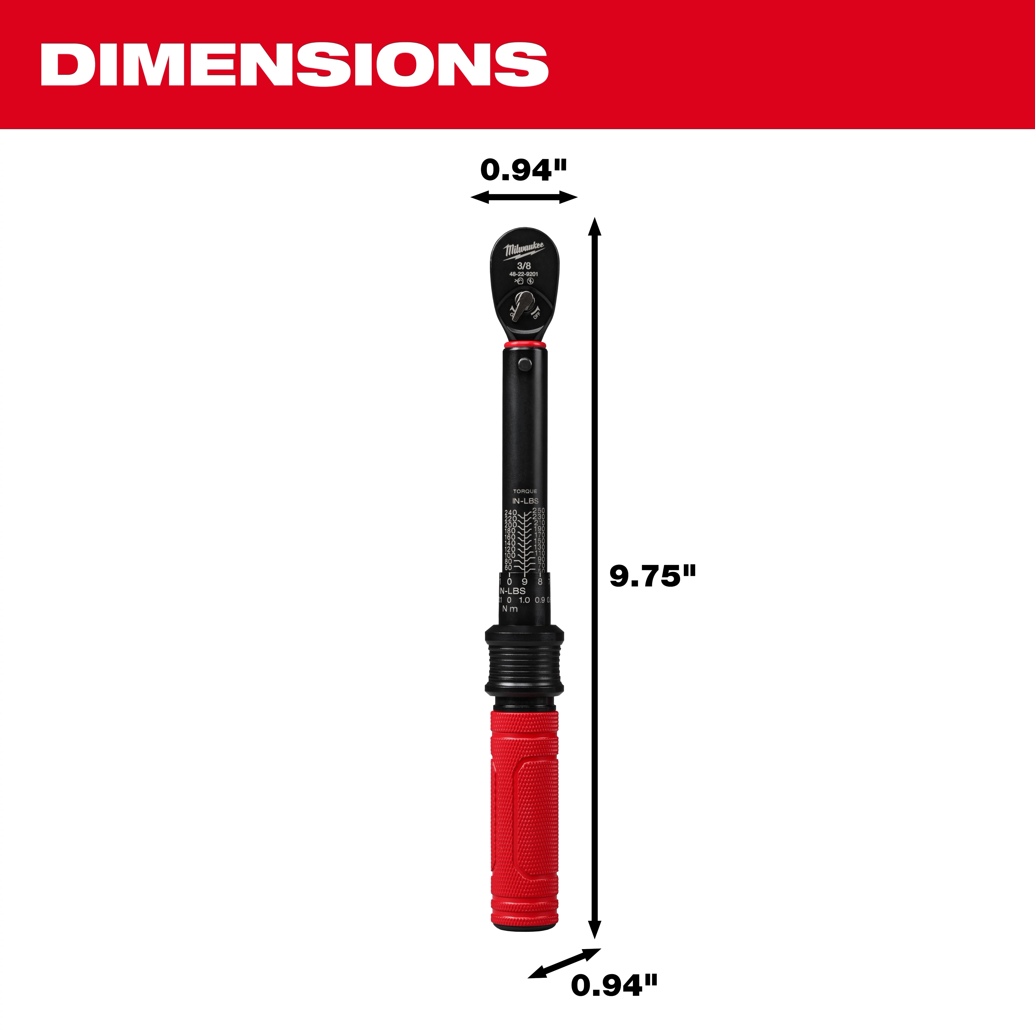 3/8” Drive Click Torque Wrench (50-250 in·lbf) has dimensions of 0.94" width and 9.75" length, with a red and black design.