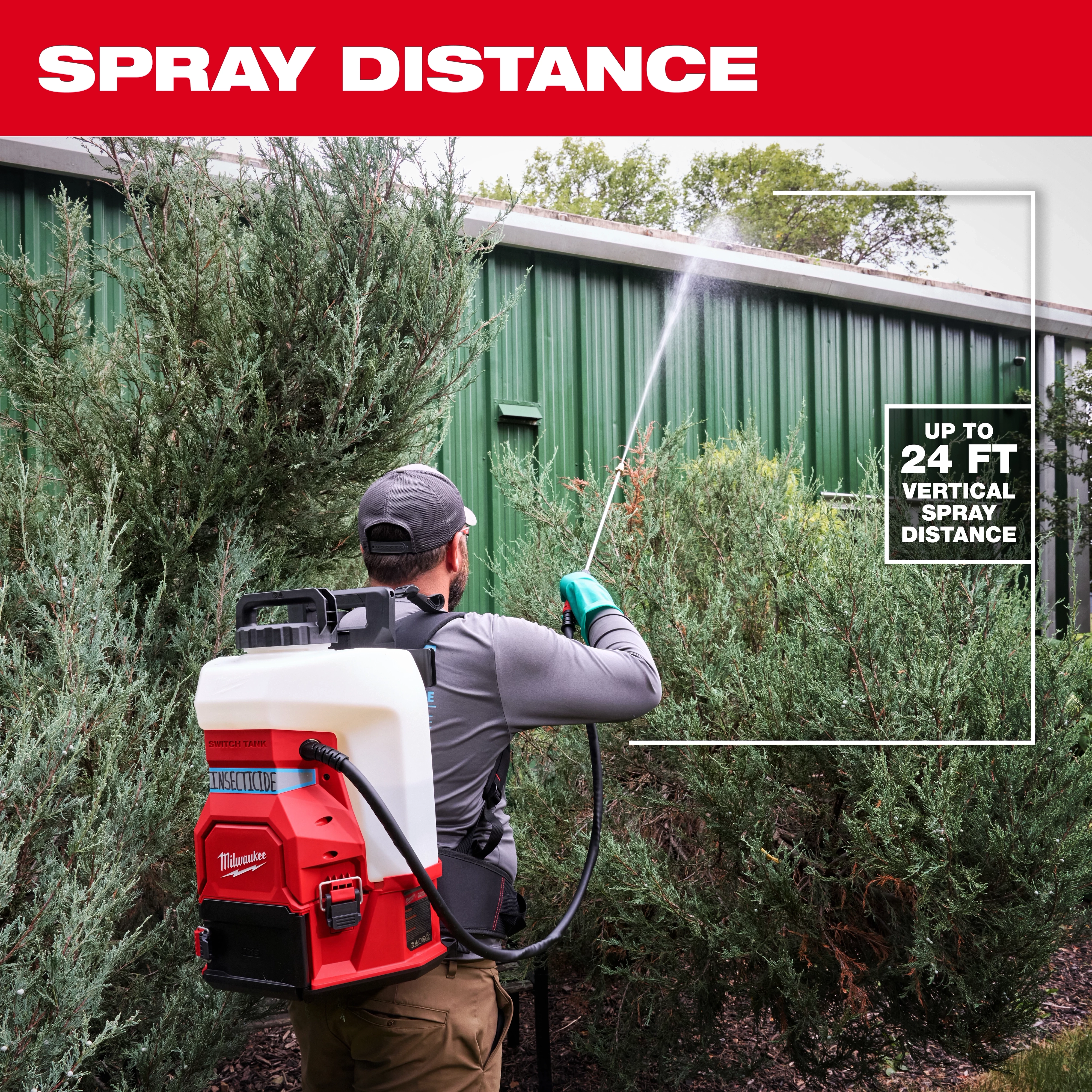 A person sprays water at a green building using a Milwaukee backpack sprayer. The spray reaches up to 24 feet vertically, as highlighted by text on the right side. The image is topped with the title "SPRAY DISTANCE."