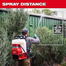 A person sprays water at a green building using a Milwaukee backpack sprayer. The spray reaches up to 24 feet vertically, as highlighted by text on the right side. The image is topped with the title "SPRAY DISTANCE."