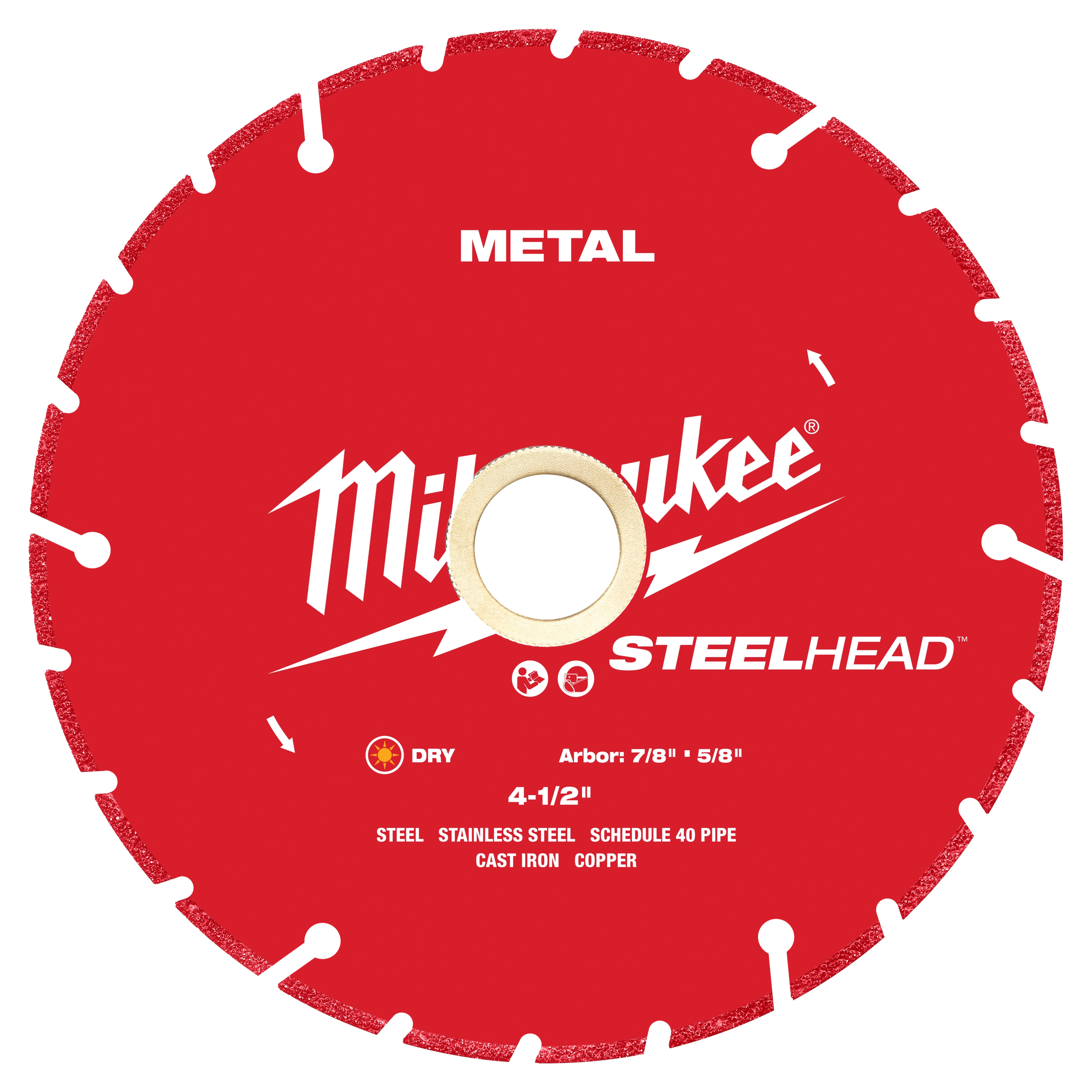 The 4-1/2” STEELHEAD™ Metal Cutting Diamond Blade by Milwaukee is a red-colored circular blade designed for cutting steel, stainless steel, schedule 40 pipe, cast iron, and copper. The blade is 4-1/2 inches in diameter with a 7/8 to 5/8 inch arbor.