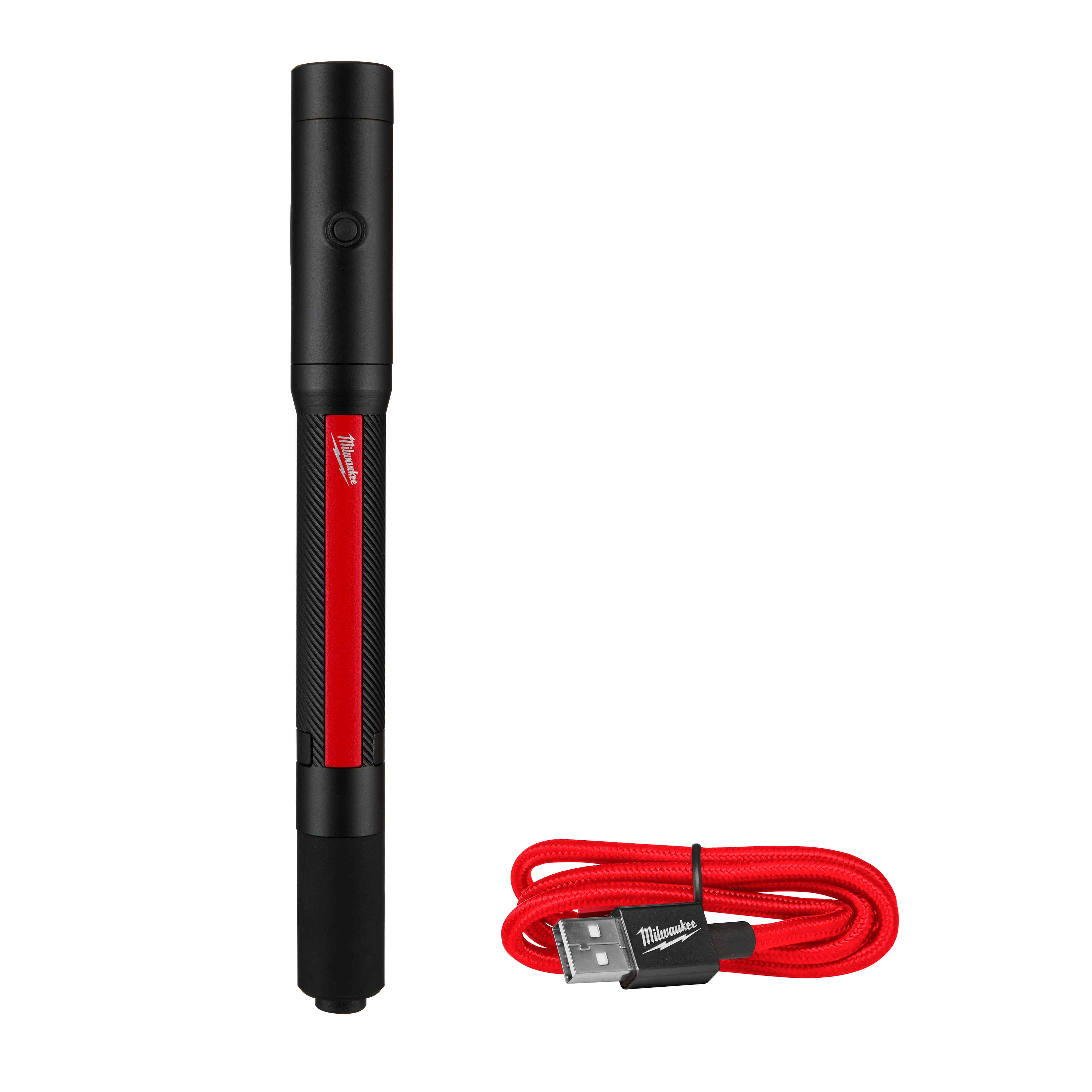 The MILWAUKEE® RECHARGEABLE 250L PENLIGHT W/ LASER features a black cylindrical body with a red accent. A power button is located near the top. Included is a red USB charging cable with a Milwaukee logo on the plug.