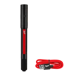 The MILWAUKEE® RECHARGEABLE 250L PENLIGHT W/ LASER features a black cylindrical body with a red accent. A power button is located near the top. Included is a red USB charging cable with a Milwaukee logo on the plug.