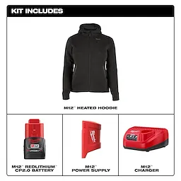 M12™ Heated Hoodie kit includes a black hoodie, M12™ REDLITHIUM™ CP2.0 battery, M12™ power supply, and M12™ charger. The hoodie is designed to provide warmth and features Milwaukee Tool branding.
