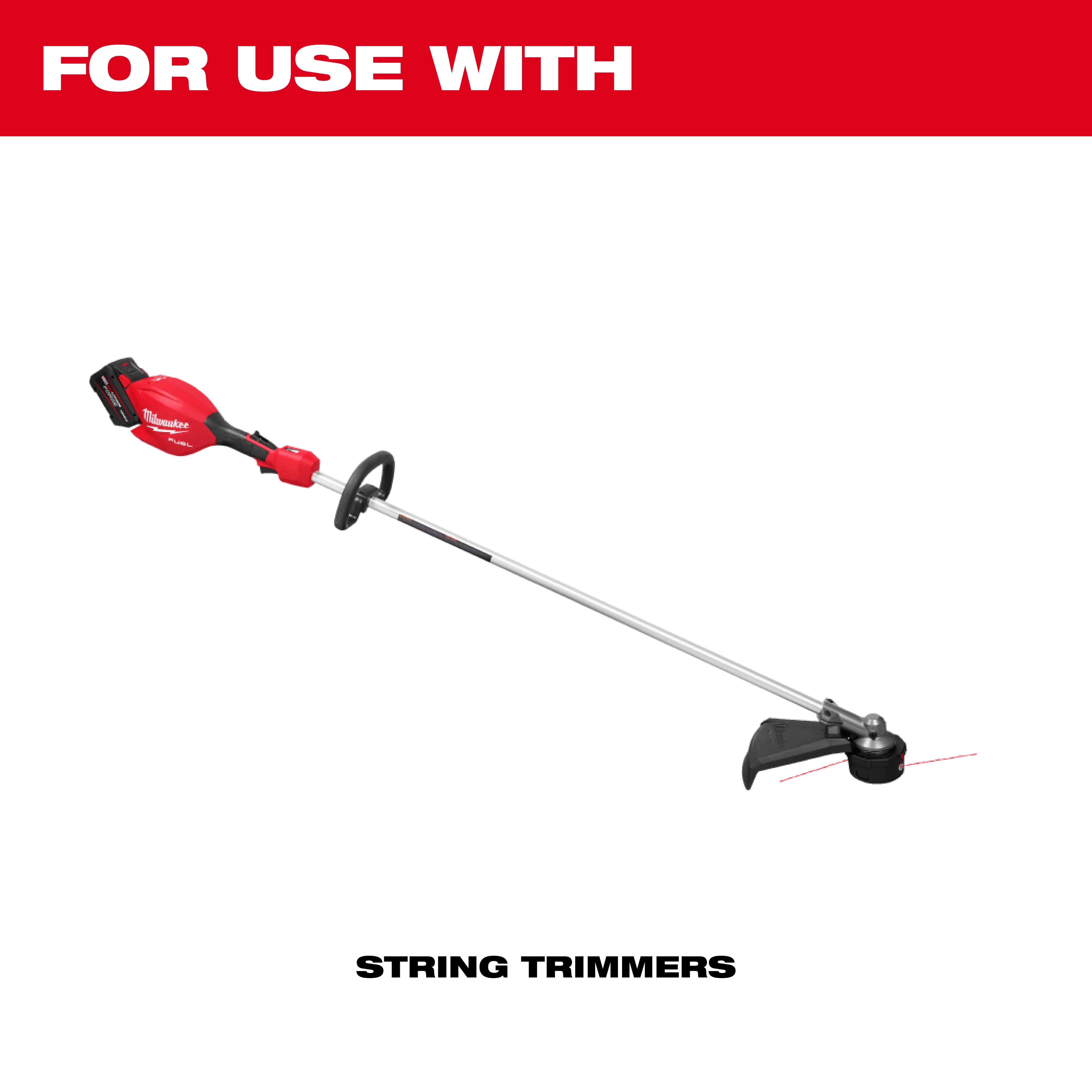 "Red and black string trimmer with a long handle, labeled 'For Use With String Trimmers.'"