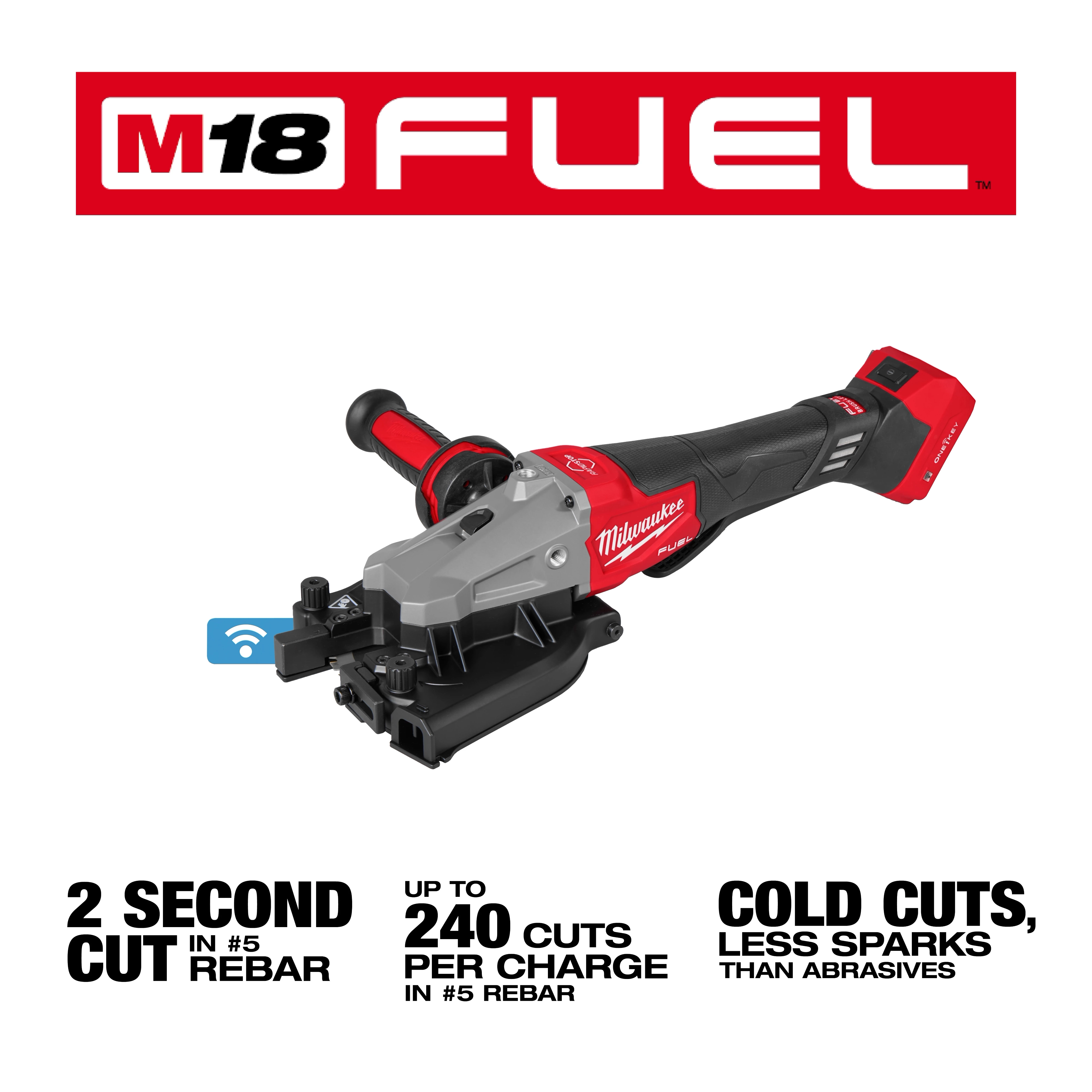 The image shows the M18 FUEL™ #10 (1-1/4") Rebar Cutter by Milwaukee, featuring a red and black handle. It includes text highlighting key benefits: a 2-second cut time, 240 cuts per charge, and cold cuts with fewer sparks.