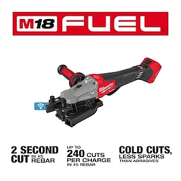 The image shows the M18 FUEL™ #10 (1-1/4") Rebar Cutter by Milwaukee, featuring a red and black handle. It includes text highlighting key benefits: a 2-second cut time, 240 cuts per charge, and cold cuts with fewer sparks.