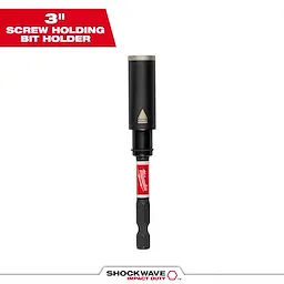 The image shows a 3-inch screw-holding bit holder from Milwaukee's Shockwave Impact Duty line. The bit holder is black with a metallic tip and a red middle section displaying the Milwaukee logo.