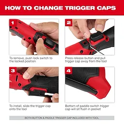The image provides a four-step guide for changing trigger caps on the M12 FUEL™ Ratchet, showing how to lock, release, replace, and flush the cap. Both button and paddle trigger caps are included with the tool, as indicated at the bottom of the image.