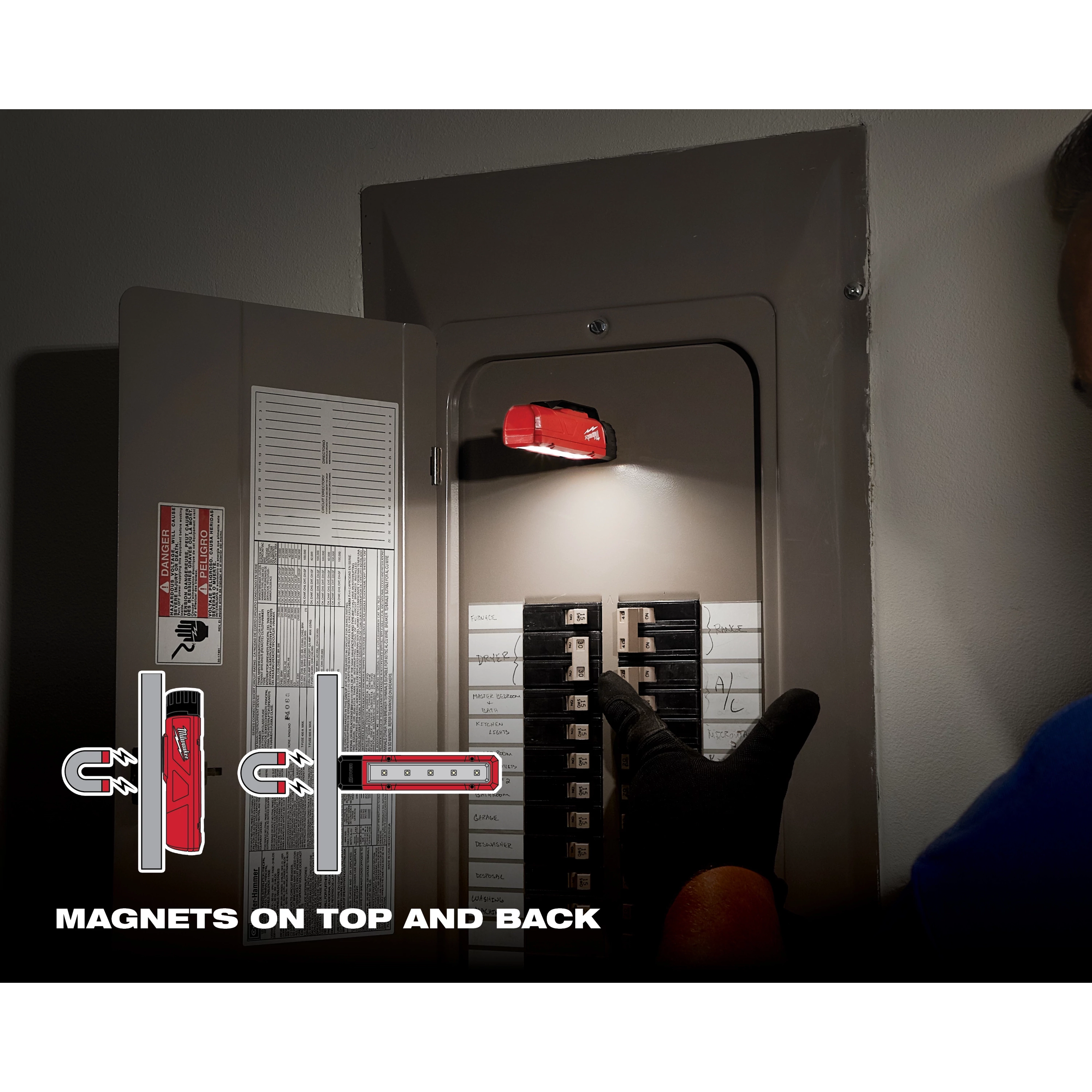 App Shot with overlay tool mounted on an open electrical panel, demonstrating magnets on top and back for hands-free use.