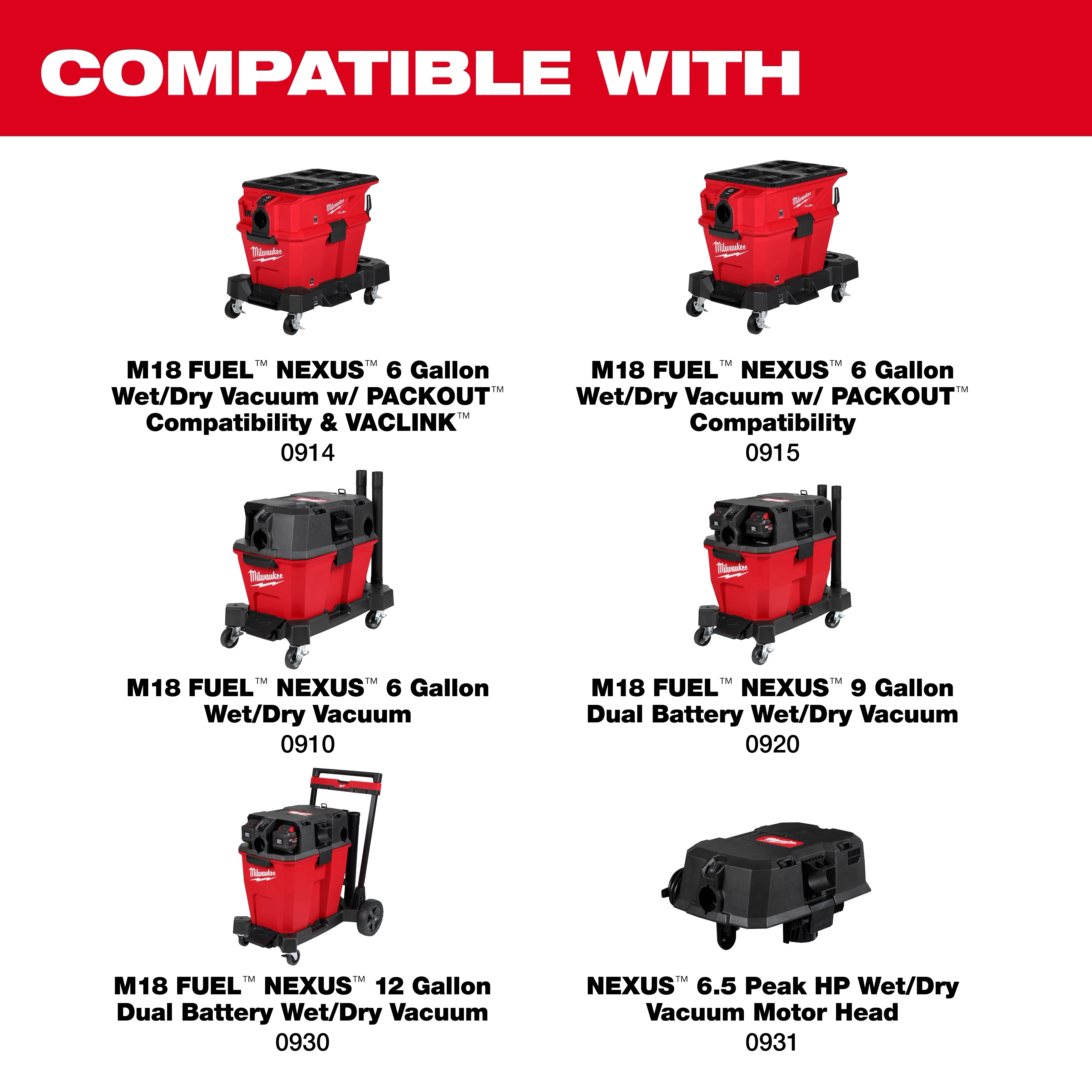 The 1-7/8" x 9' Flexible Hose is compatible with various Milwaukee M18 FUEL NEXUS vacuum models listed, including 6 Gallon Wet/Dry Vacuums, a 9 Gallon Dual Battery Wet/Dry Vacuum, a 12 Gallon Dual Battery Wet/Dry Vacuum, and a 6.5 Peak HP Wet/Dry Vacuum Motor Head.