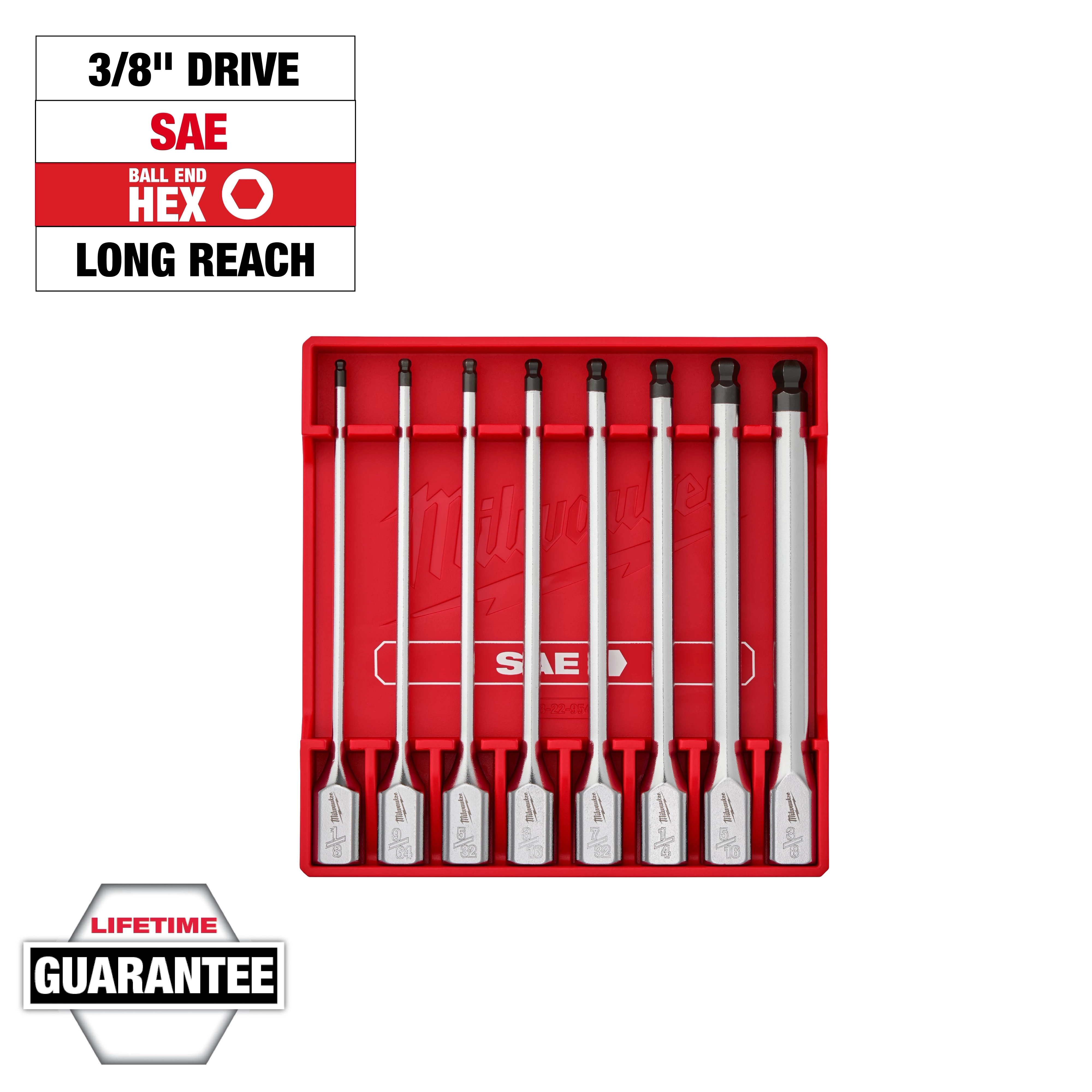 8pc 3/8” Drive Long Ball End Hex Bit Socket Set - SAE in a red case, featuring 8 long-reach hex bit sockets. Lifetime guarantee.