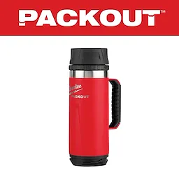 Red PACKOUT 18oz Insulated Mug with Sip Lid, featuring a black handle and lid, displayed against a white background with a red PACKOUT banner.