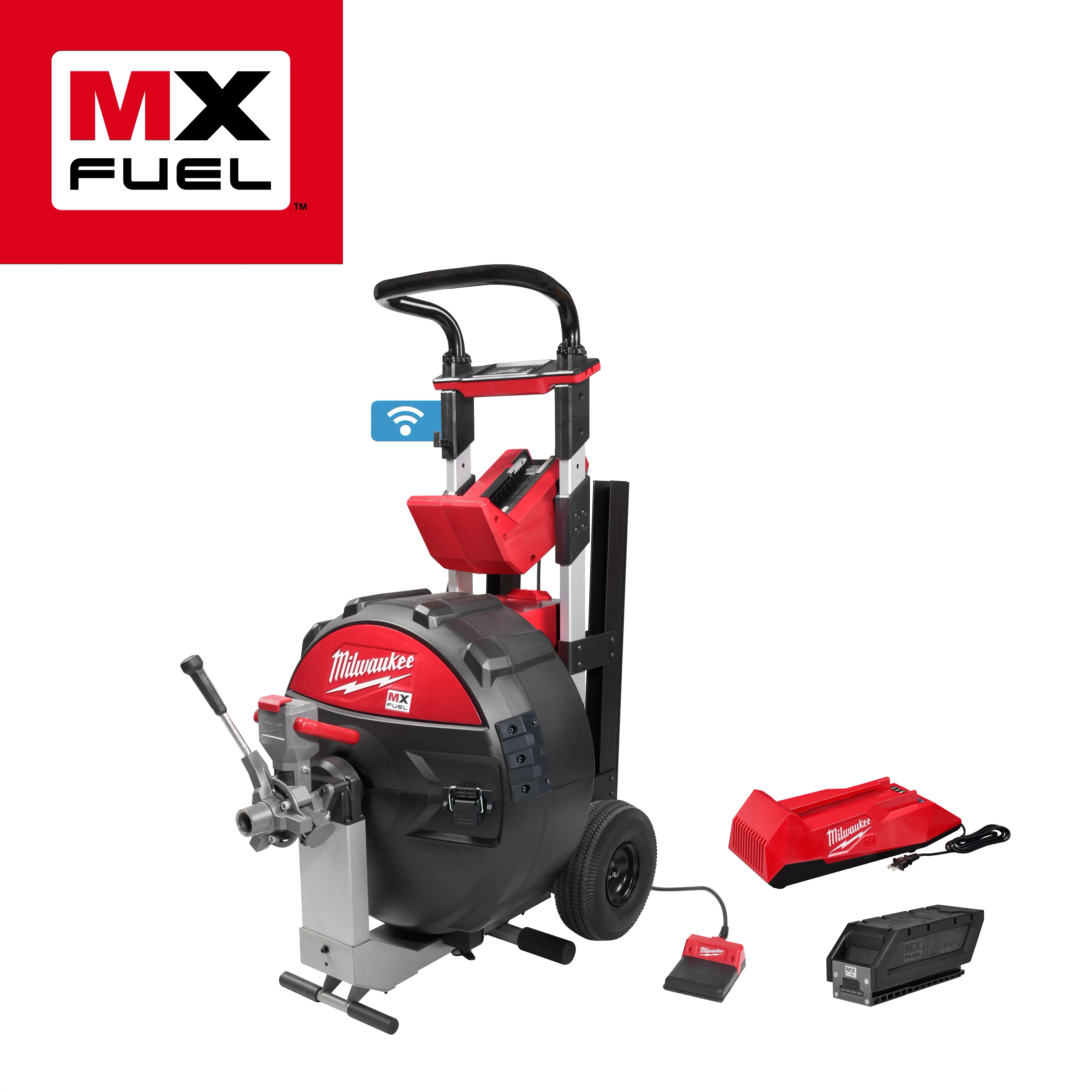 MX FUEL Sewer Drum Machine by Milwaukee, shown with its charger, battery, and foot switch. Product logo in the top-left corner.