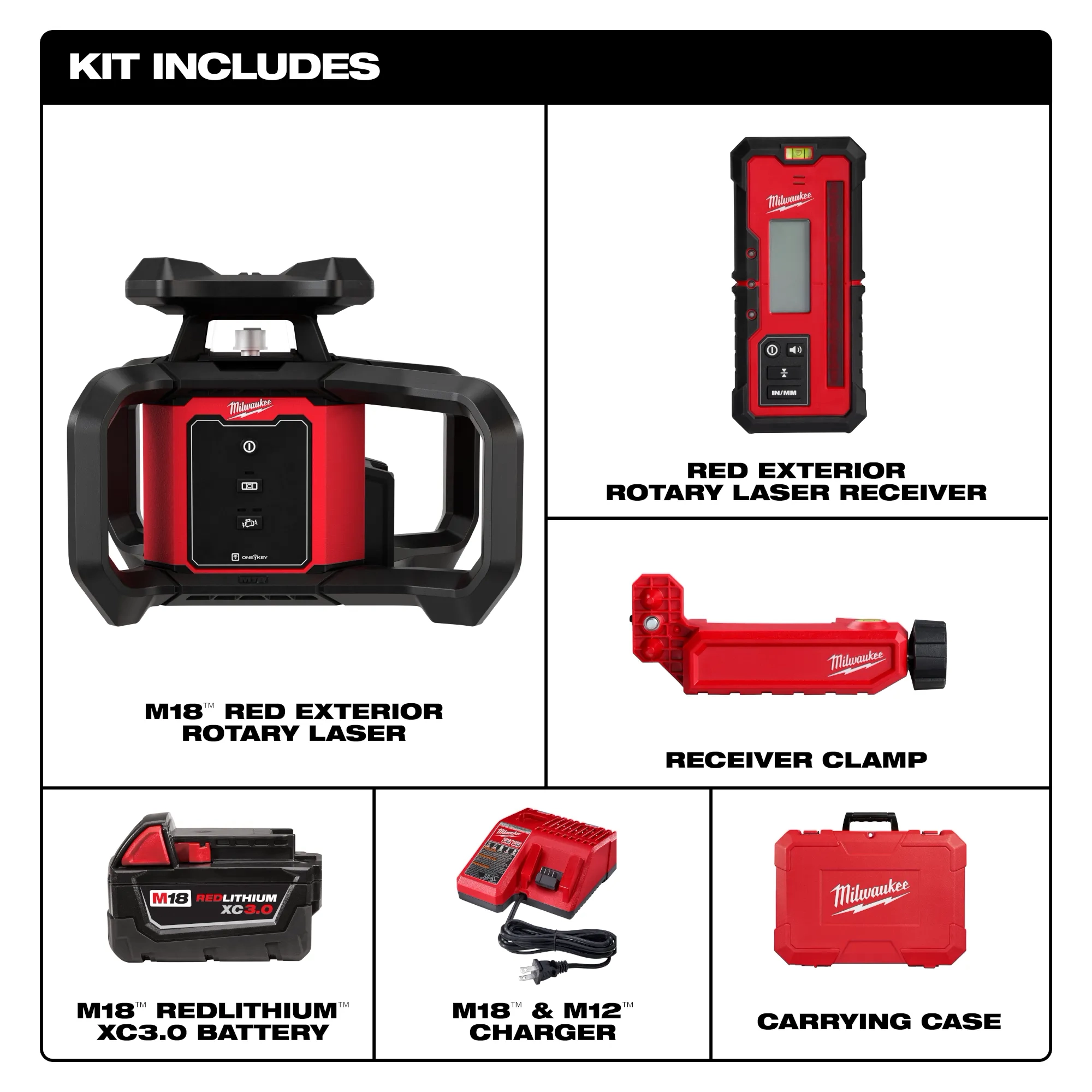 Includes a red exterior rotary laser, receiver, receiver clamp, XC3.0 battery, charger, and carrying case
