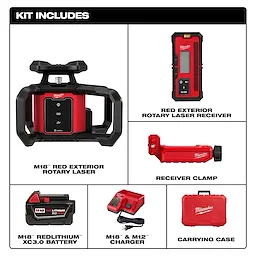 Includes a red exterior rotary laser, receiver, receiver clamp, XC3.0 battery, charger, and carrying case