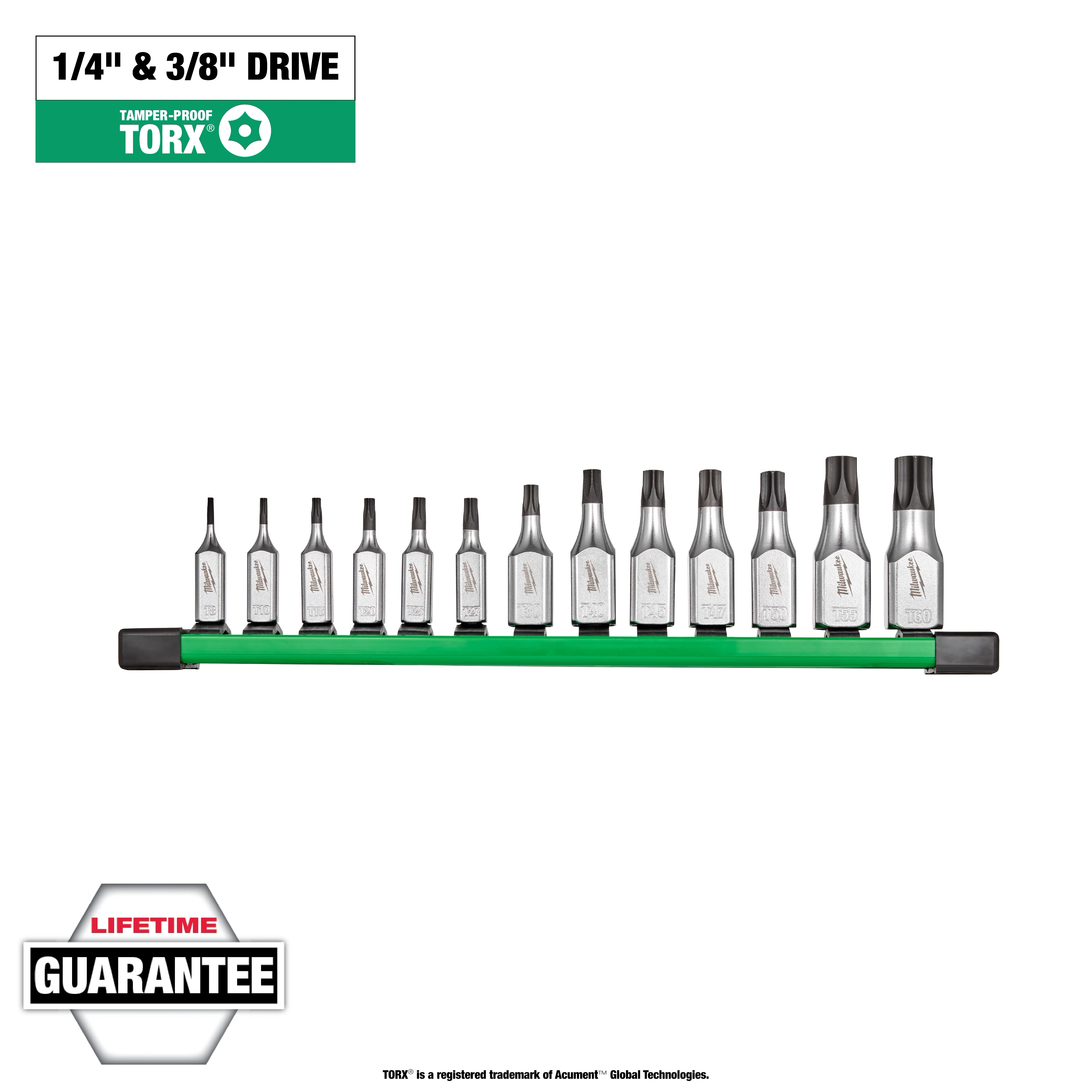 The 13pc 1/4” and 3/8” Drive Tamper Proof TORX Bit Socket Set displayed in a green holder, featuring 13 individual metal bits.