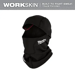 WORKSKIN™ Balaclava in black, designed to combat sweat, with "Milwaukee" in white lettering on the side. The product offers full face and neck coverage.