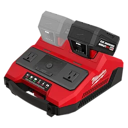 Block Photography image of a red dual battery charging station with two batteries and front control panel.