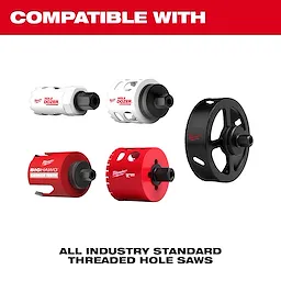 QUIK-LOK™ Arbor Set is compatible with various hole saws including Hole Dozer and BigHawg. The image shows two white Hole Dozer, one BigHawg, one red, and one black saw. Compatible with all industry standard threaded hole saws.