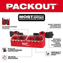 PACKOUT Tool Box 2-Bin Attachment, with on-board divider storage and customizable options, has impact-resistant body and secure locking.