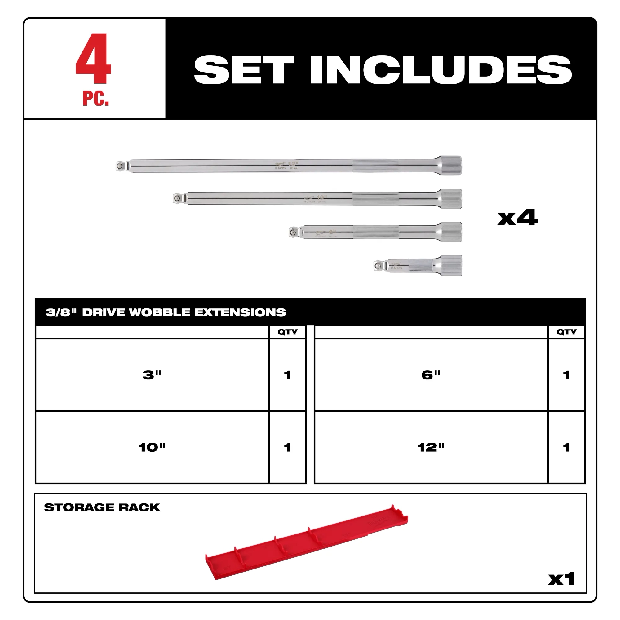 Set includes image of the Milwaukee 4PC 3/8” Drive Wobble Extension Set