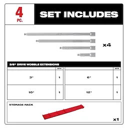 Set includes image of the Milwaukee 4PC 3/8” Drive Wobble Extension Set
