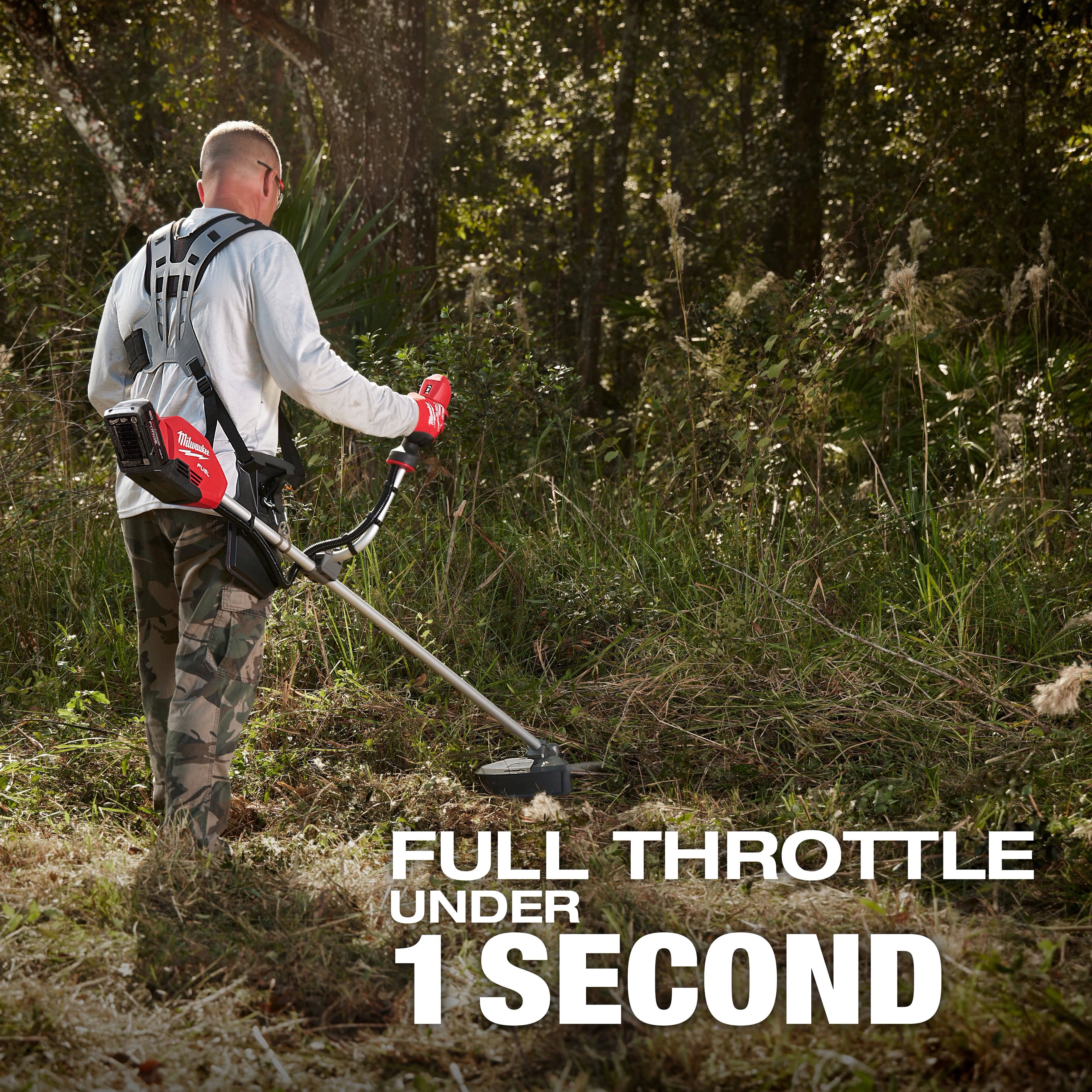 A worker using the M18 FUEL™ Brush Cutter while wearing a harness in a grassy outdoor setting. The text on the image reads, "FULL THROTTLE UNDER 1 SECOND."