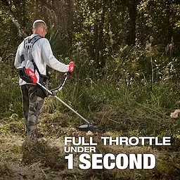 A worker using the M18 FUEL™ Brush Cutter while wearing a harness in a grassy outdoor setting. The text on the image reads, "FULL THROTTLE UNDER 1 SECOND."