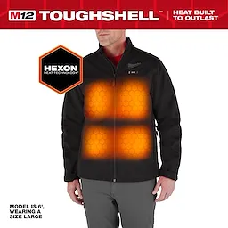 The M12 Heated TOUGHSHELL Jacket features hexon heat technology, with visible orange heating zones, and is shown in size large.