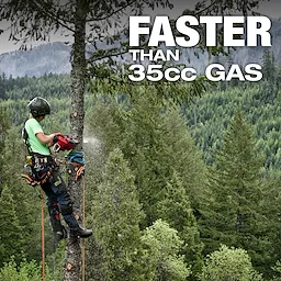 A person is using an M18 FUEL™ 12" Top Handle Chainsaw to cut branches while suspended in a tree in a forest. The text "FASTER THAN 35cc GAS" is displayed in the upper right corner.