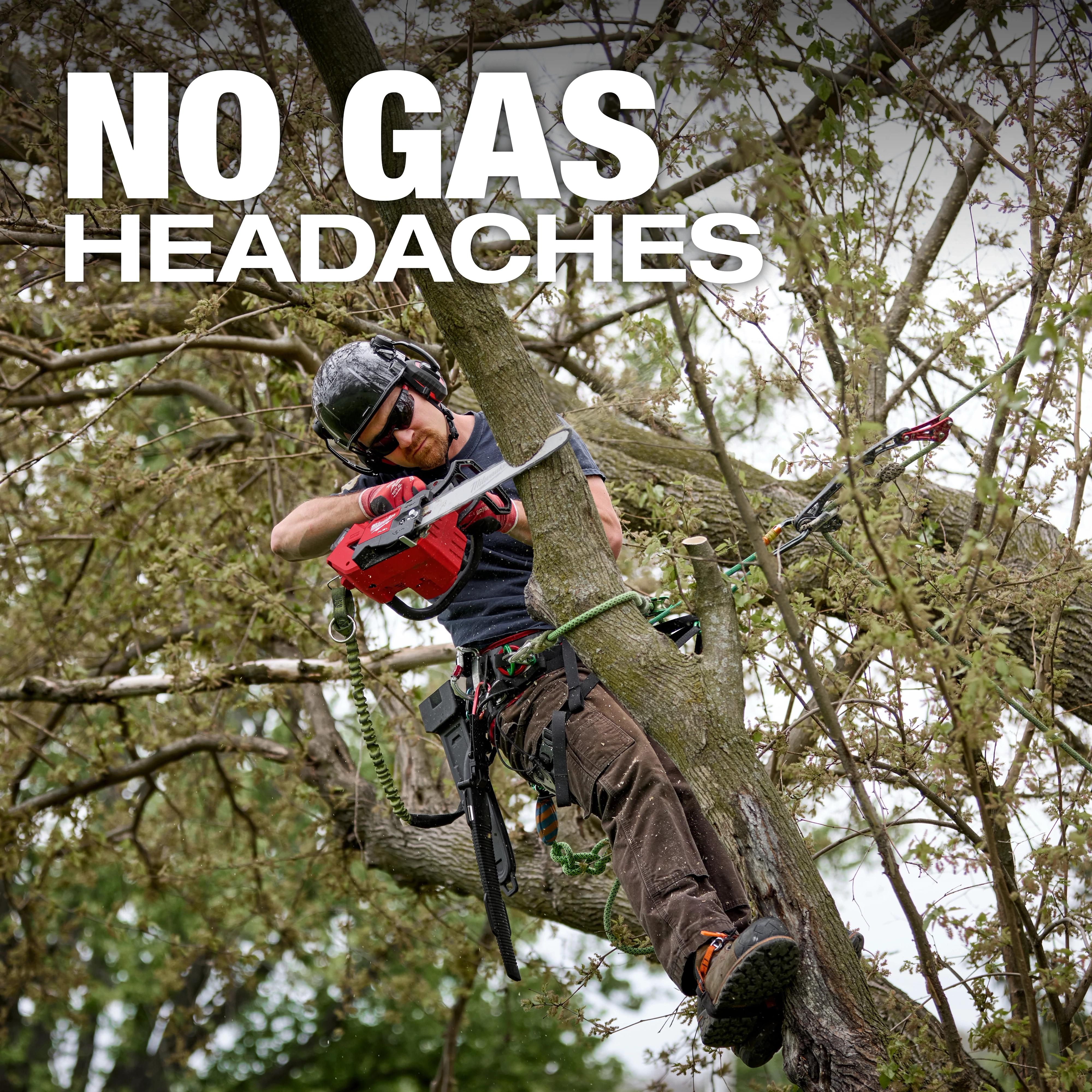 A person is using an M18 FUEL™ 12" Top Handle Chainsaw while suspended in a tree, with the text "NO GAS HEADACHES" above them. The background is filled with tree branches and leaves.