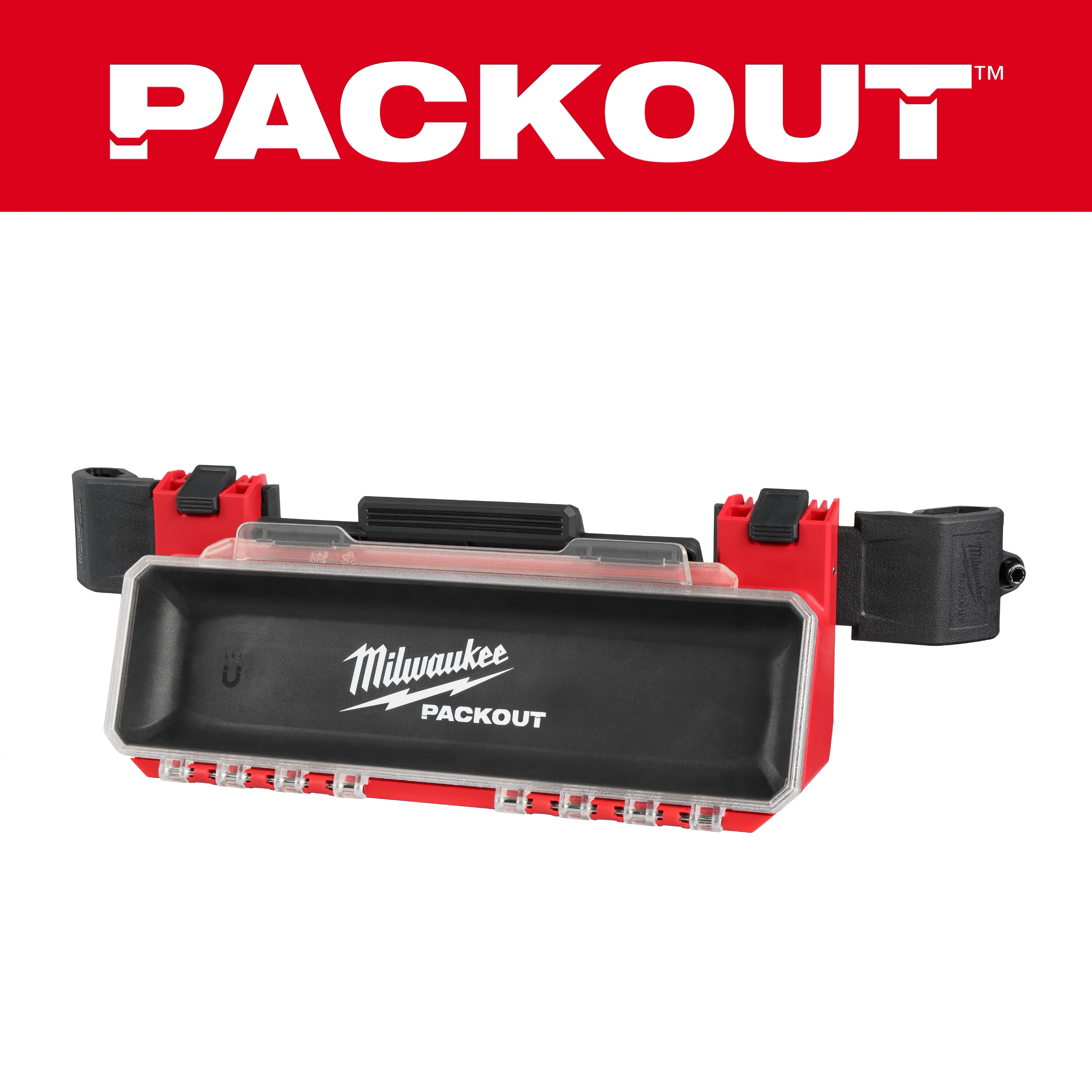 PACKOUT Tool Box Magnetic Bin Attachment features a black box with a transparent lid, red sides, and secure fastening clips.