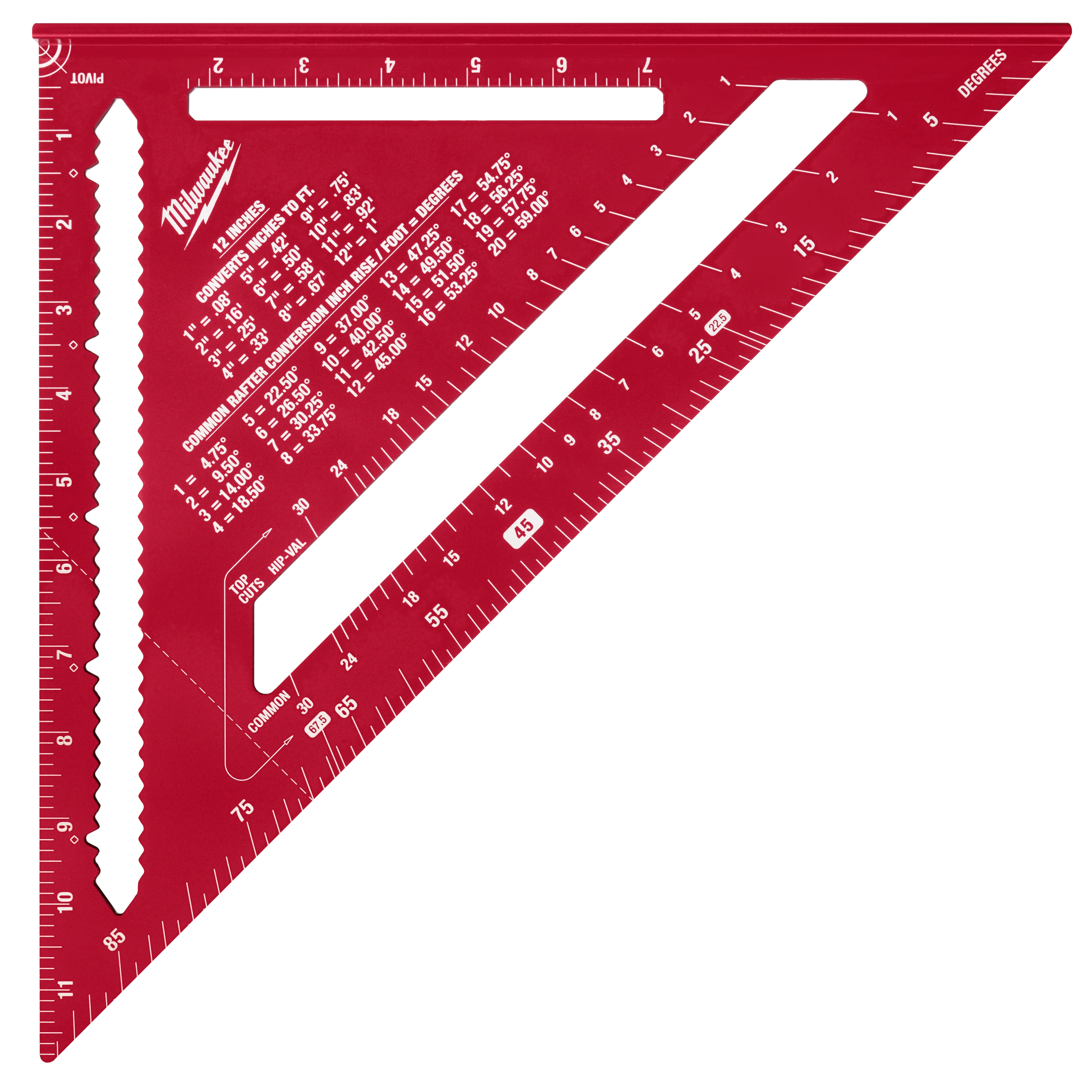 This image shows a red 12" Rafter Square with measurement markings and conversion tables for common rafter and hip/valley measurements.