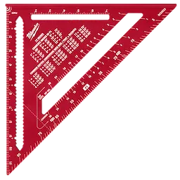 This image shows a red 12" Rafter Square with measurement markings and conversion tables for common rafter and hip/valley measurements.