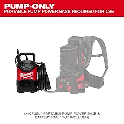The image shows an MX FUEL™ 1HP 2" Submersible Pump with a long black hose, labeled "Milwaukee." Text above notes "PUMP-ONLY" and specifies the need for a portable pump power base. The power base and battery pack are not included.