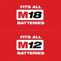 The image shows text that reads "Fits All M18 Batteries" and "Fits All M12 Batteries" on a red background, promoting the M18 FUEL™ & M12 FUEL™ 2-Tool Combo Kit.