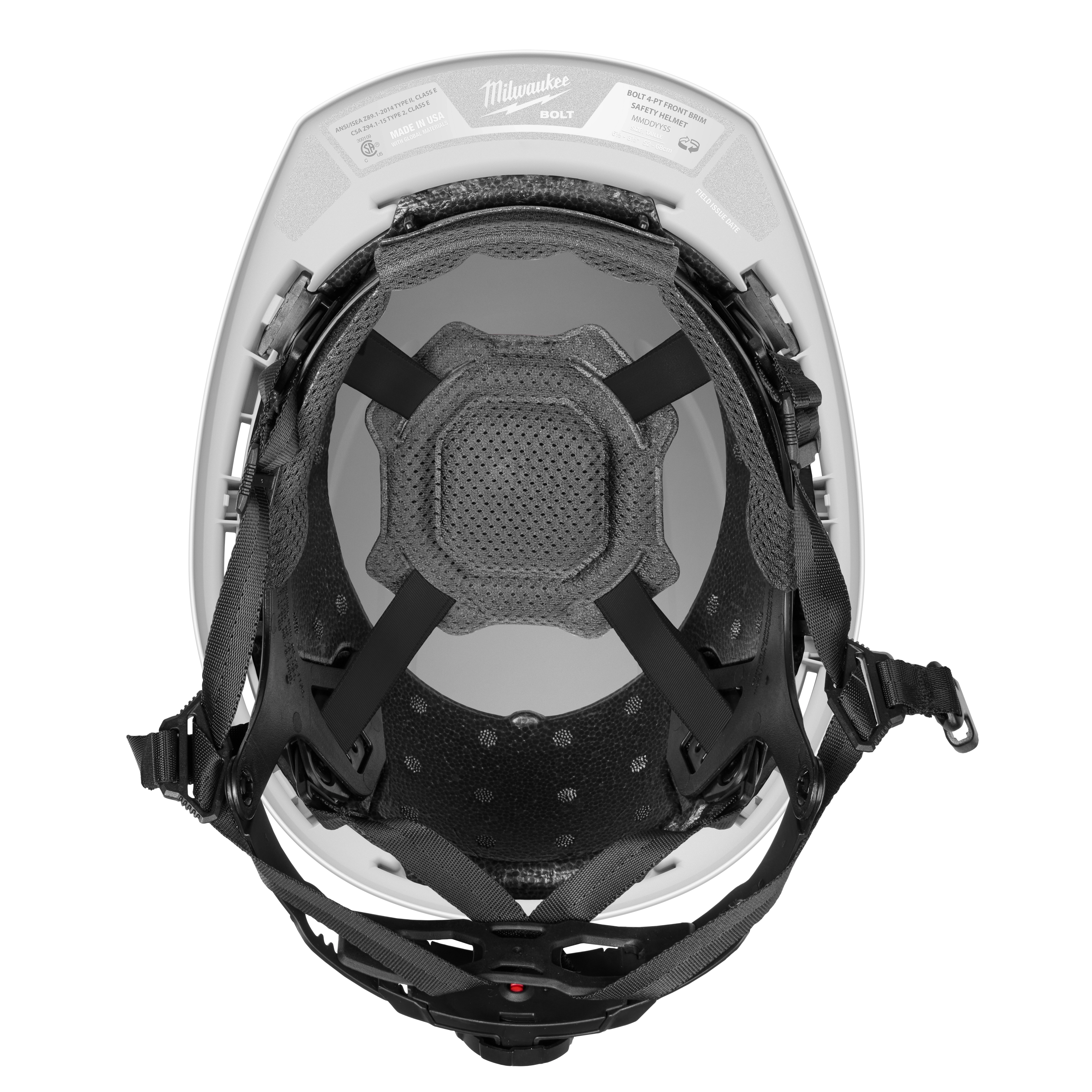 BOLT™ White Front Brim Safety Helmet with 4pt Ratcheting Suspension - Type 2, Class E. The image shows the interior of the helmet, including adjustable black straps and a cushioned center pad for comfort. The helmet is designed for enhanced safety, fitting over the head securely.