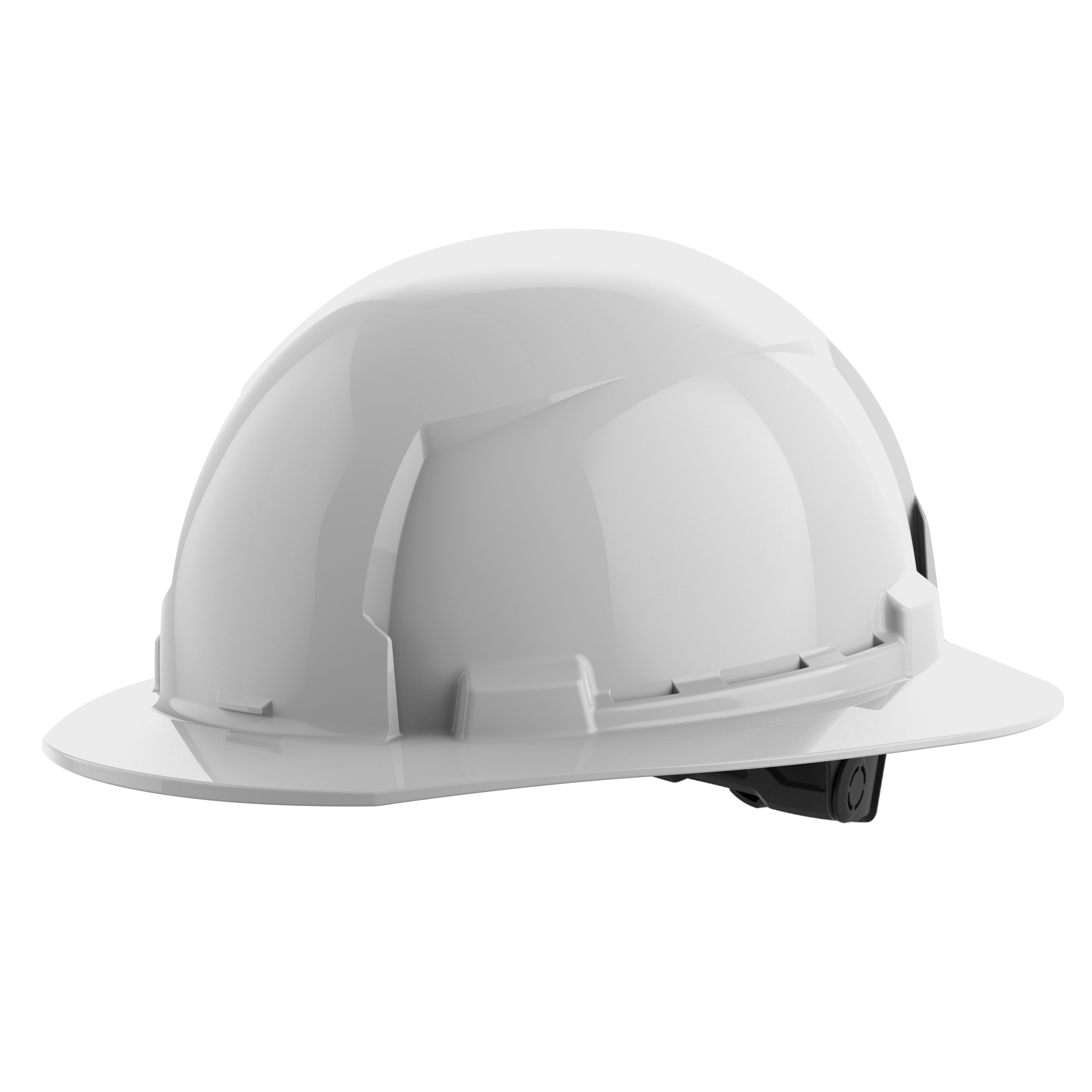 BOLT White Full Brim Hard Hat w/6pt Ratcheting Suspension (USA) - Type 1, Class E shown from a side angle.