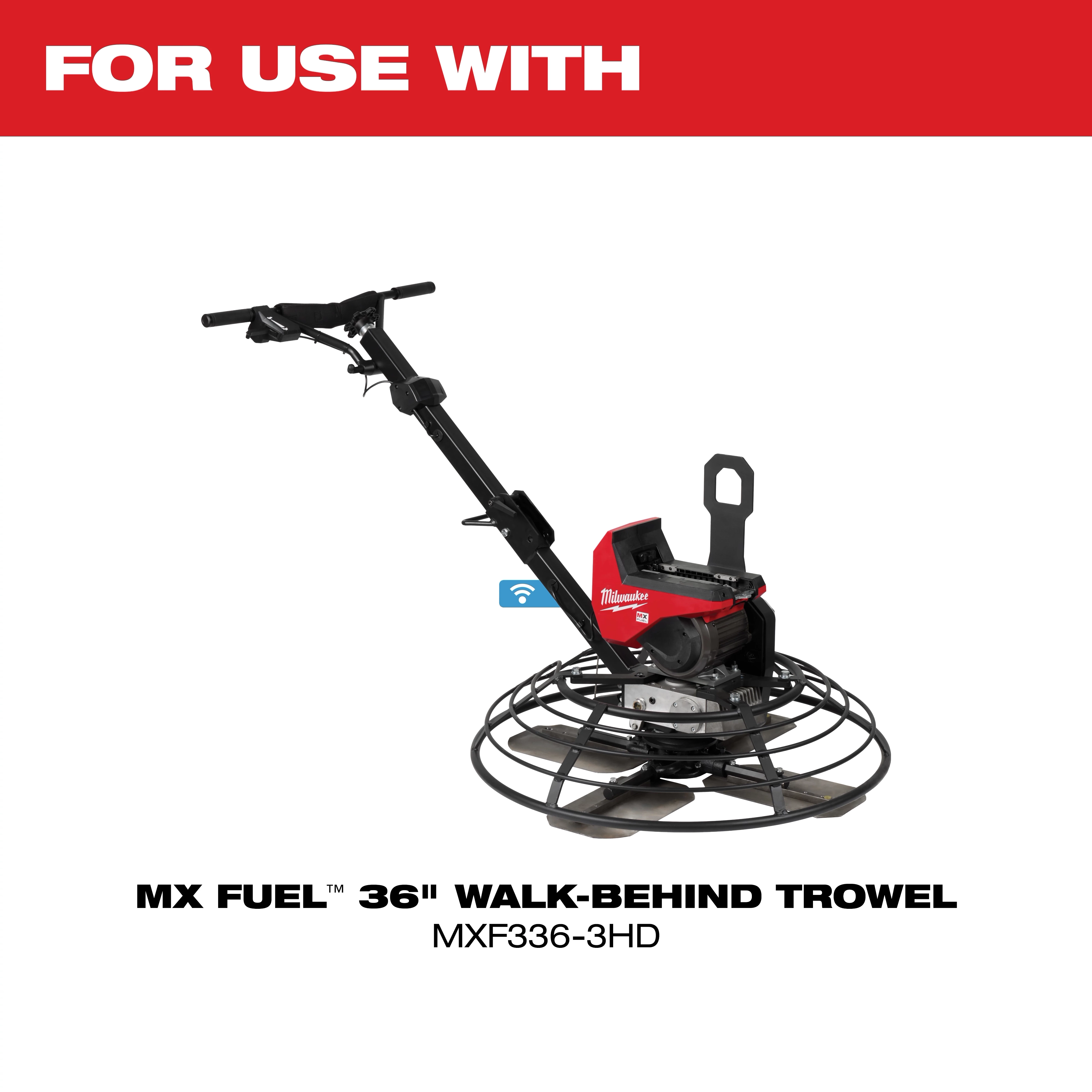 MX Fuel 36" walk-behind trowel machine with a red cover and handlebar, labeled model MXF336-3HD.