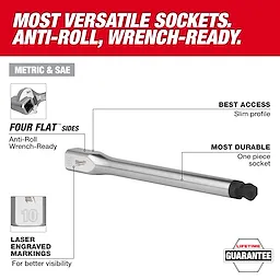 3/8” Drive Long Ball End Hex Bit Socket Set - Metric. Features include anti-roll wrench-ready sides, slim profile, and durable one-piece design.