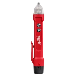 Milwaukee voltage detector pen, red with black tip, side clip, two buttons for power and LED flashlight feature.