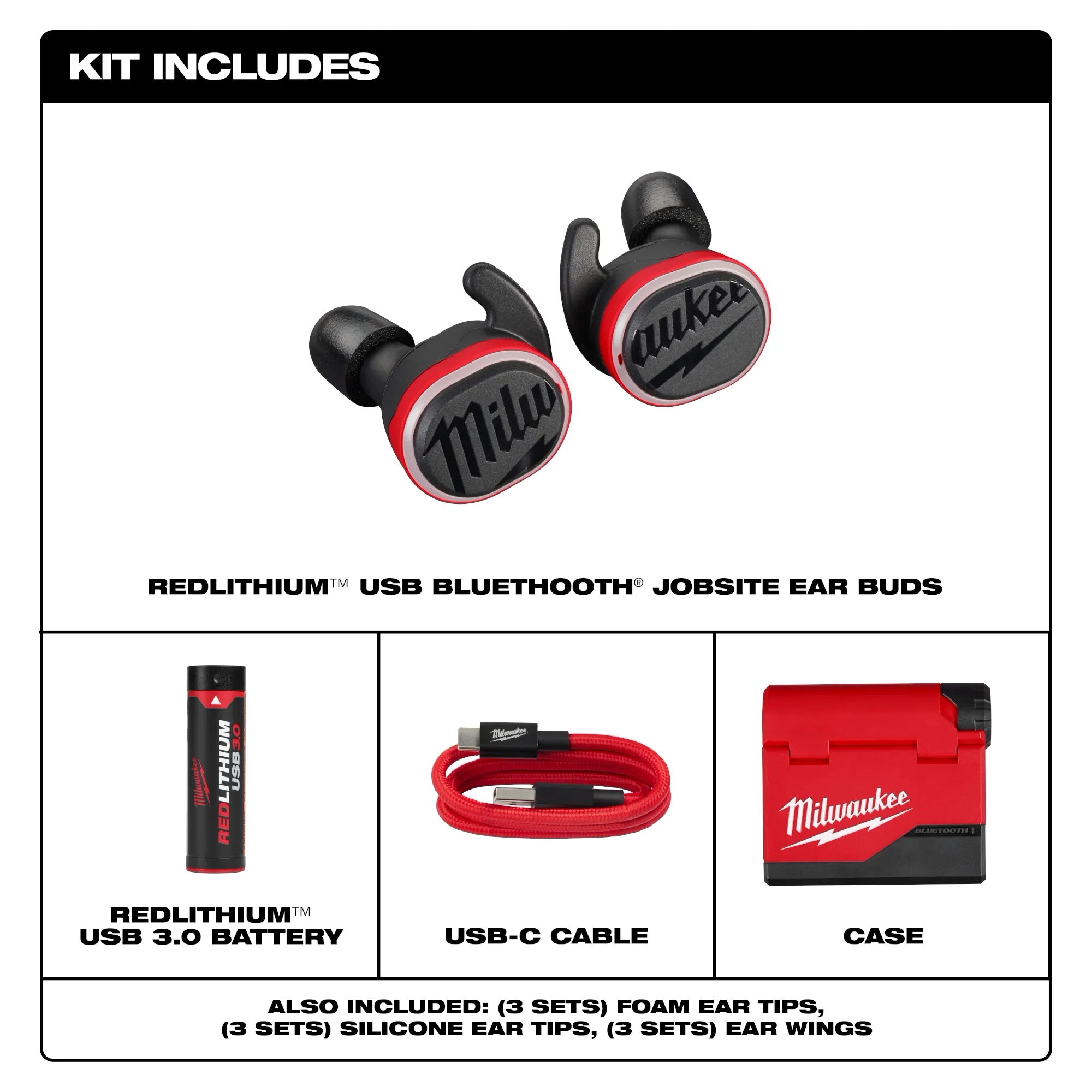 Kit includes bluetooth ear buds, USB 3.0 battery, USB-C cable, and case