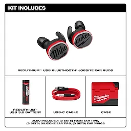 Kit includes bluetooth ear buds, USB 3.0 battery, USB-C cable, and case