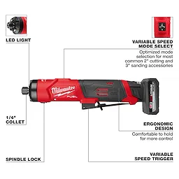 M12 FUEL 1/4" Straight Die Grinder with labeled LED light, collet, spindle lock, mode select, trigger, and grip.